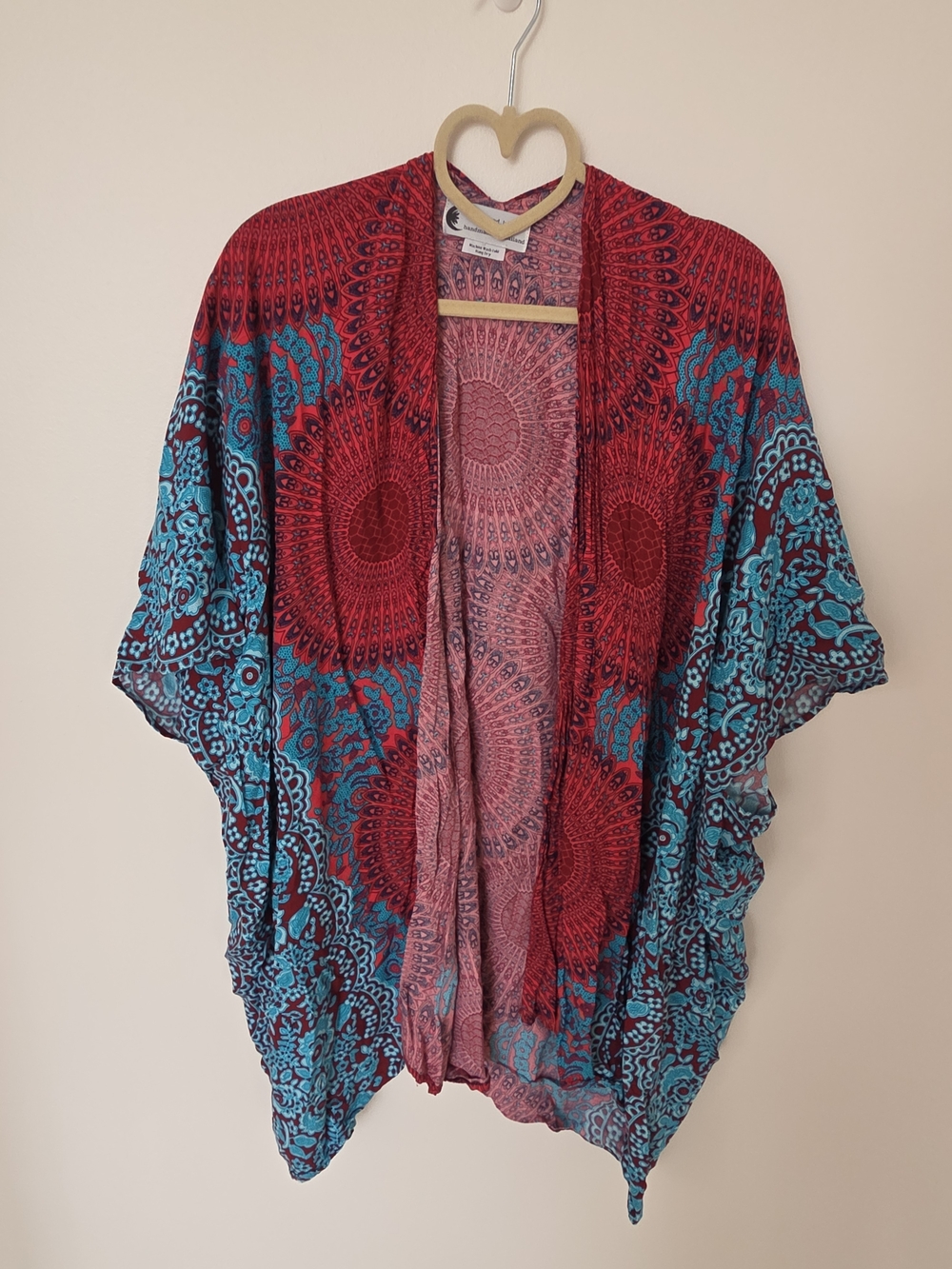 *LOTUS & LUNA* Boho Red and Teal Open-Front Kimono - Picture 4 of 7
